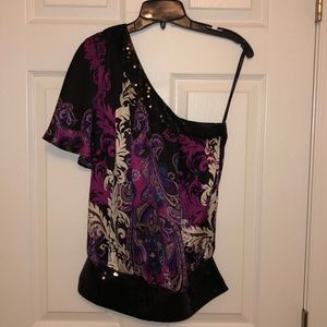 Bebe One Sleeve Silk and Sequin Top